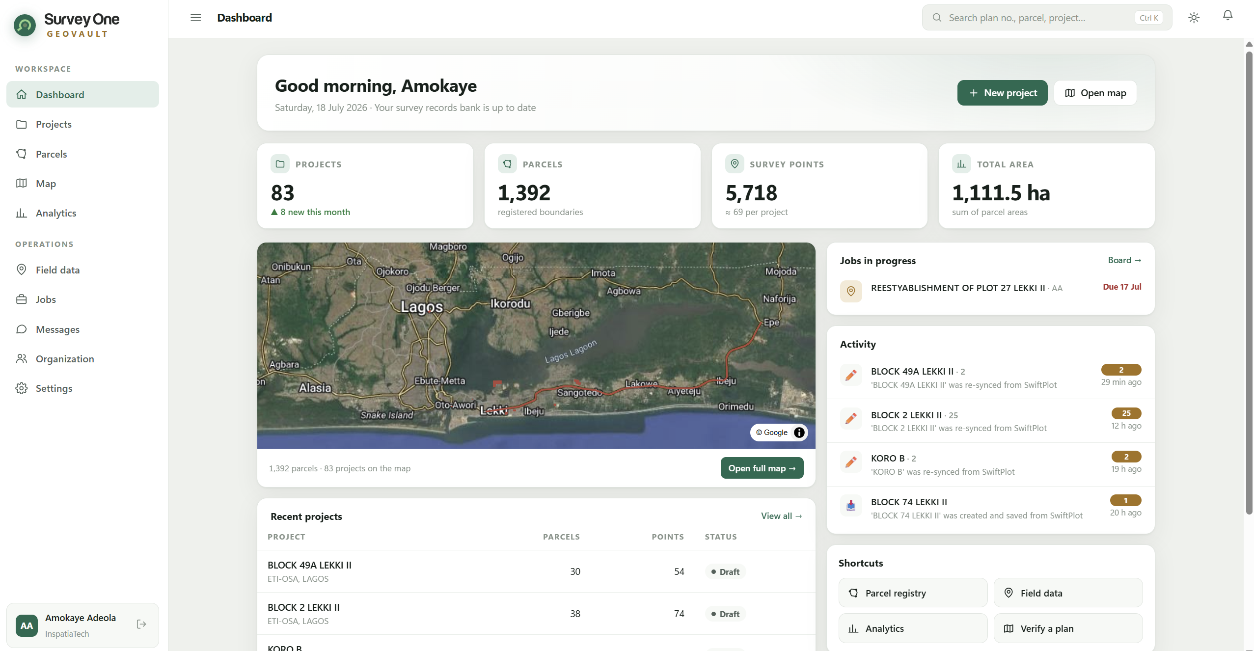 GeoVault dashboard greeting the surveyor with project, parcel, survey point and area totals, a live map, jobs in progress and recent activity