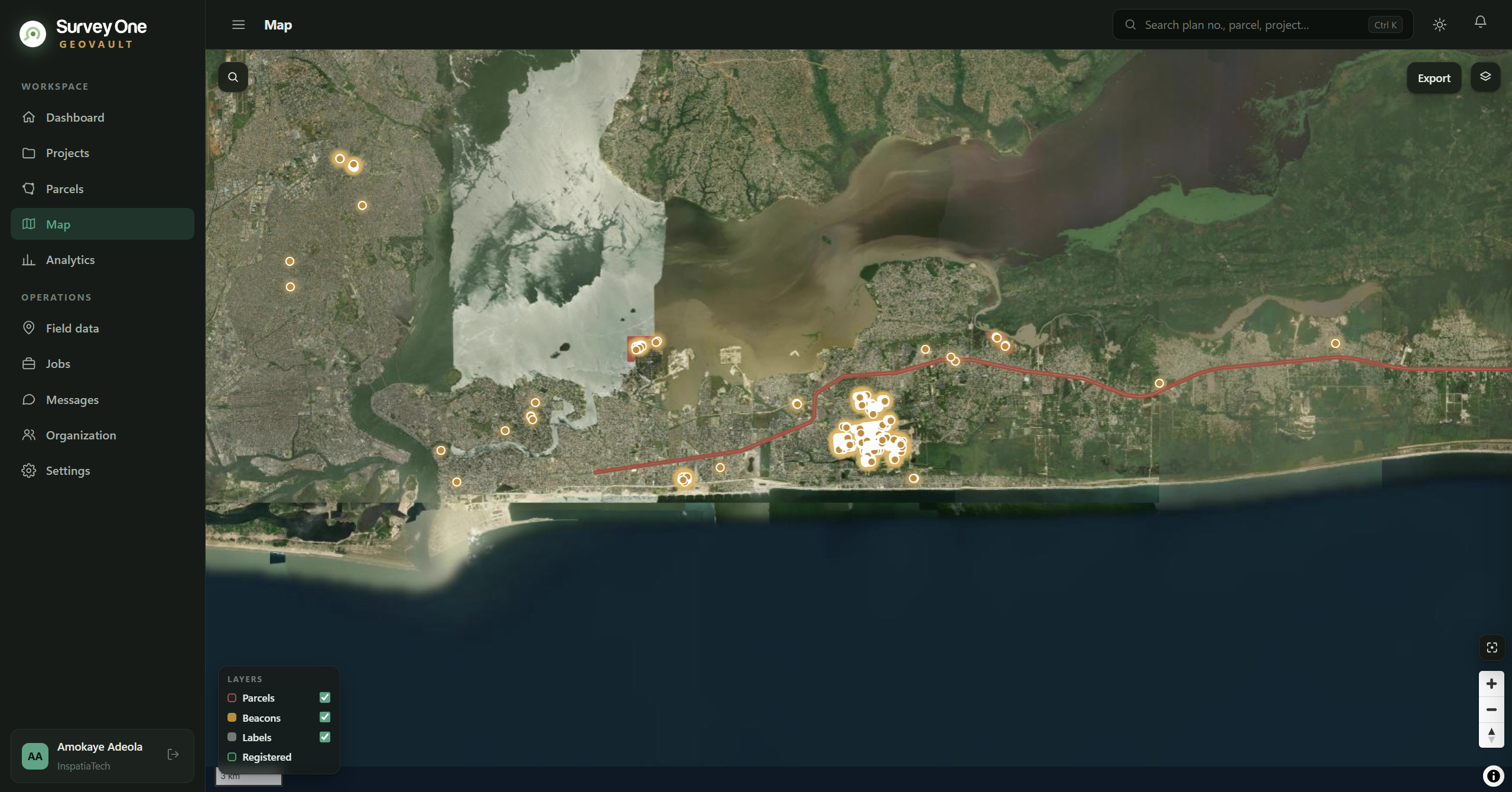 GeoVault web app map view with survey jobs plotted across Lagos on satellite imagery
