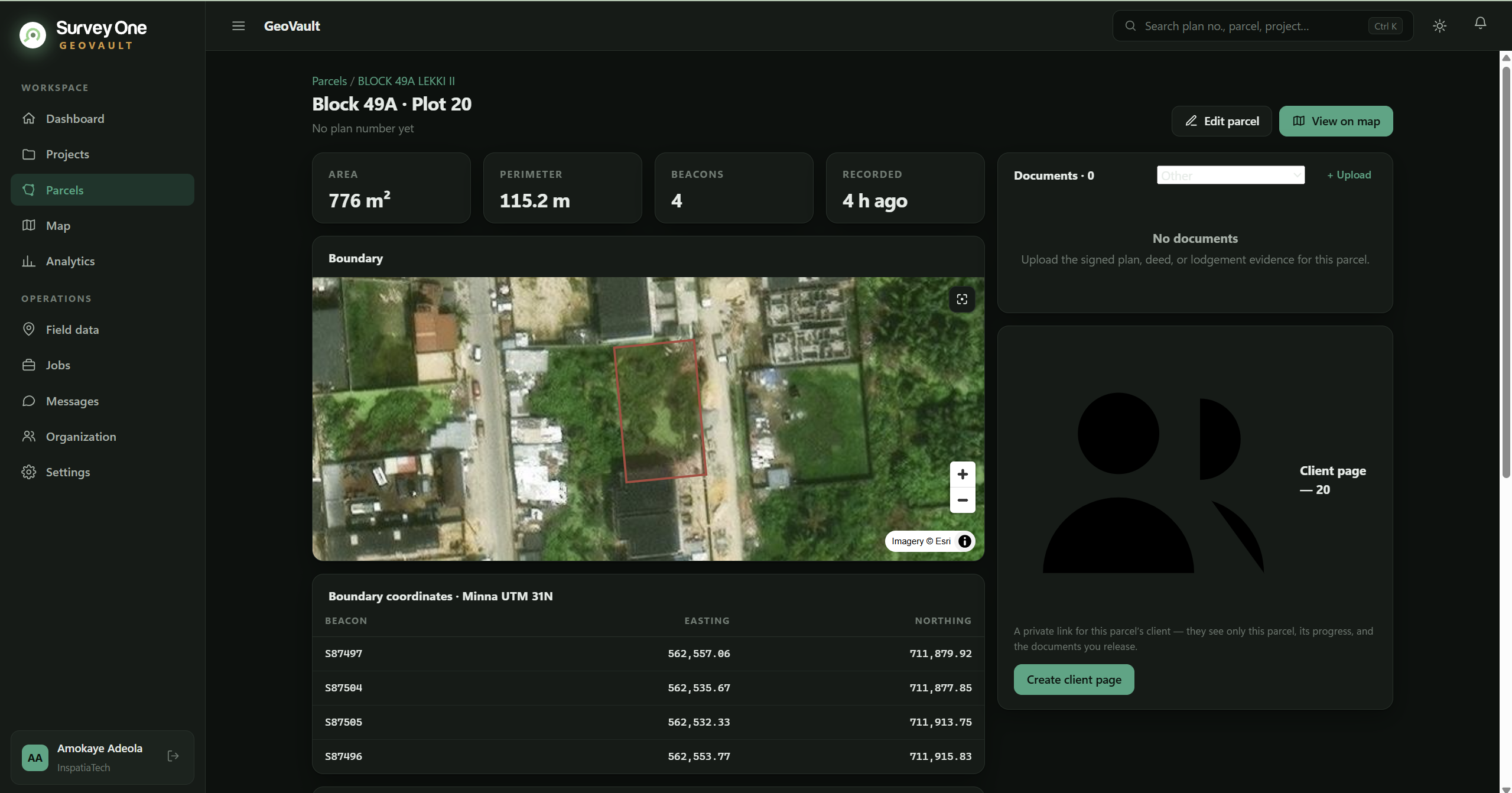 GeoVault parcel record showing boundary imagery, area, beacons, coordinates and documents