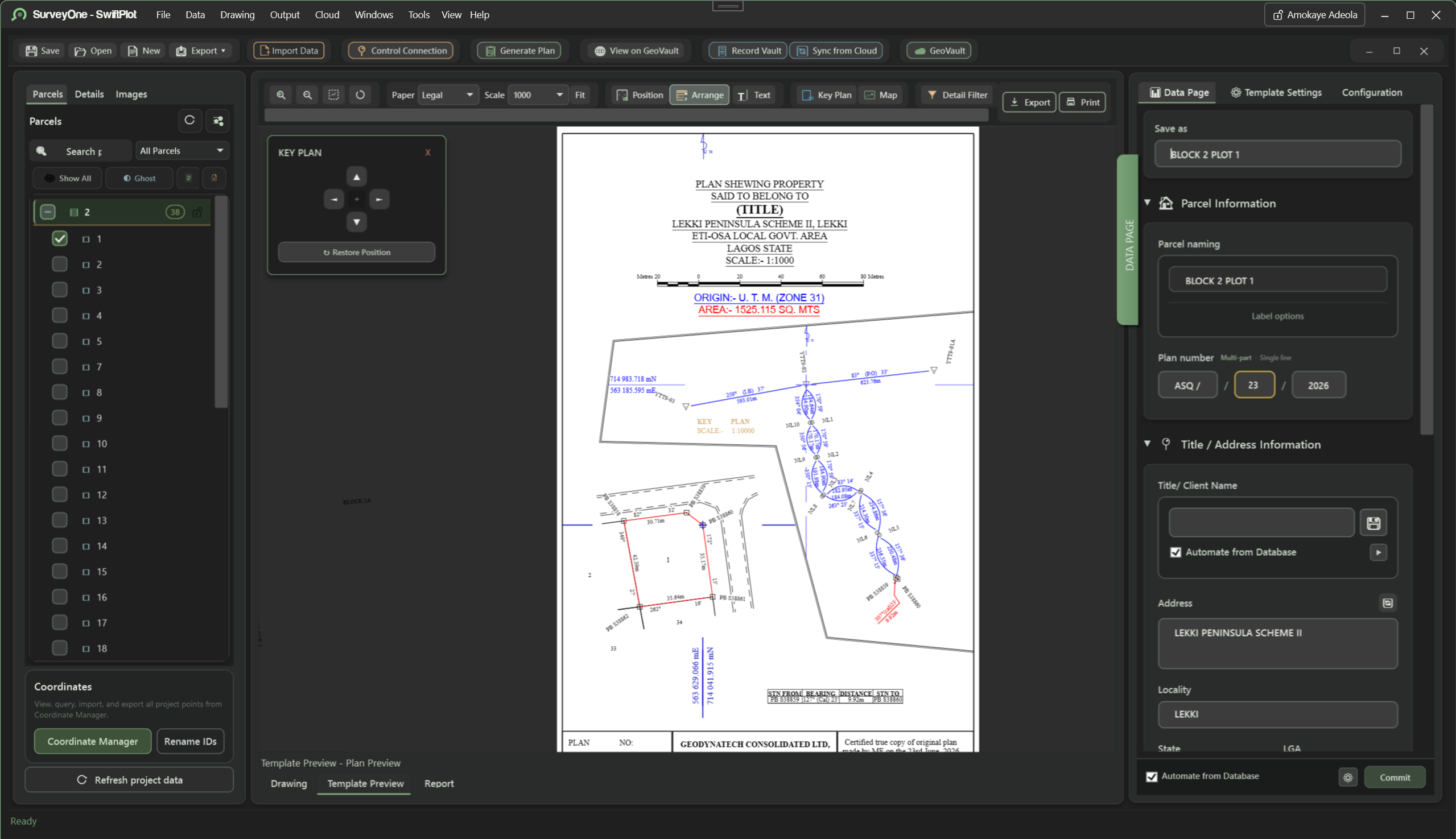 SwiftPlot template preview with the data page for parcel naming, plan number, and title information