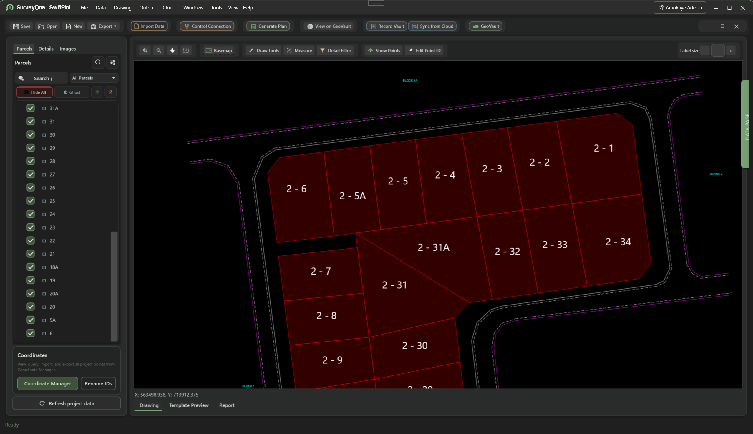SwiftPlot drawing view showing a subdivided layout of parcels over a basemap