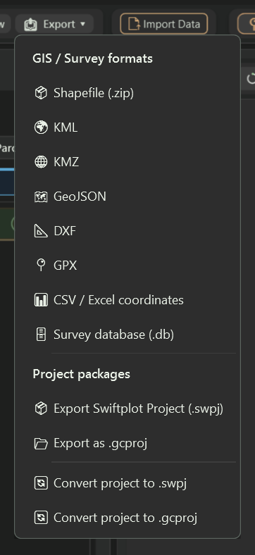 SwiftPlot export menu listing Shapefile, KML, KMZ, GeoJSON, DXF, GPX, CSV and project package formats