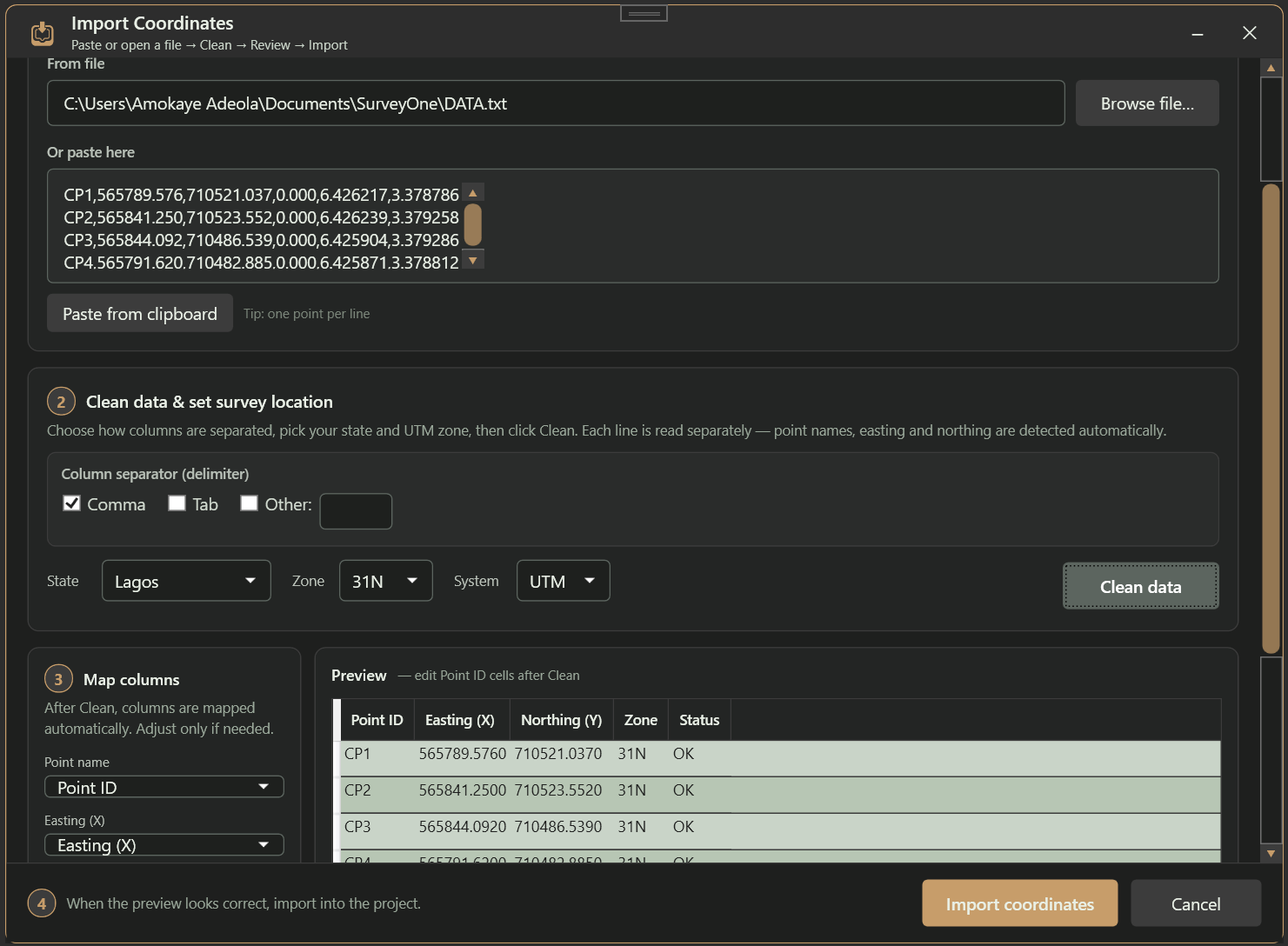 Import Coordinates dialog: paste or open a file, clean the data, review the preview, and import