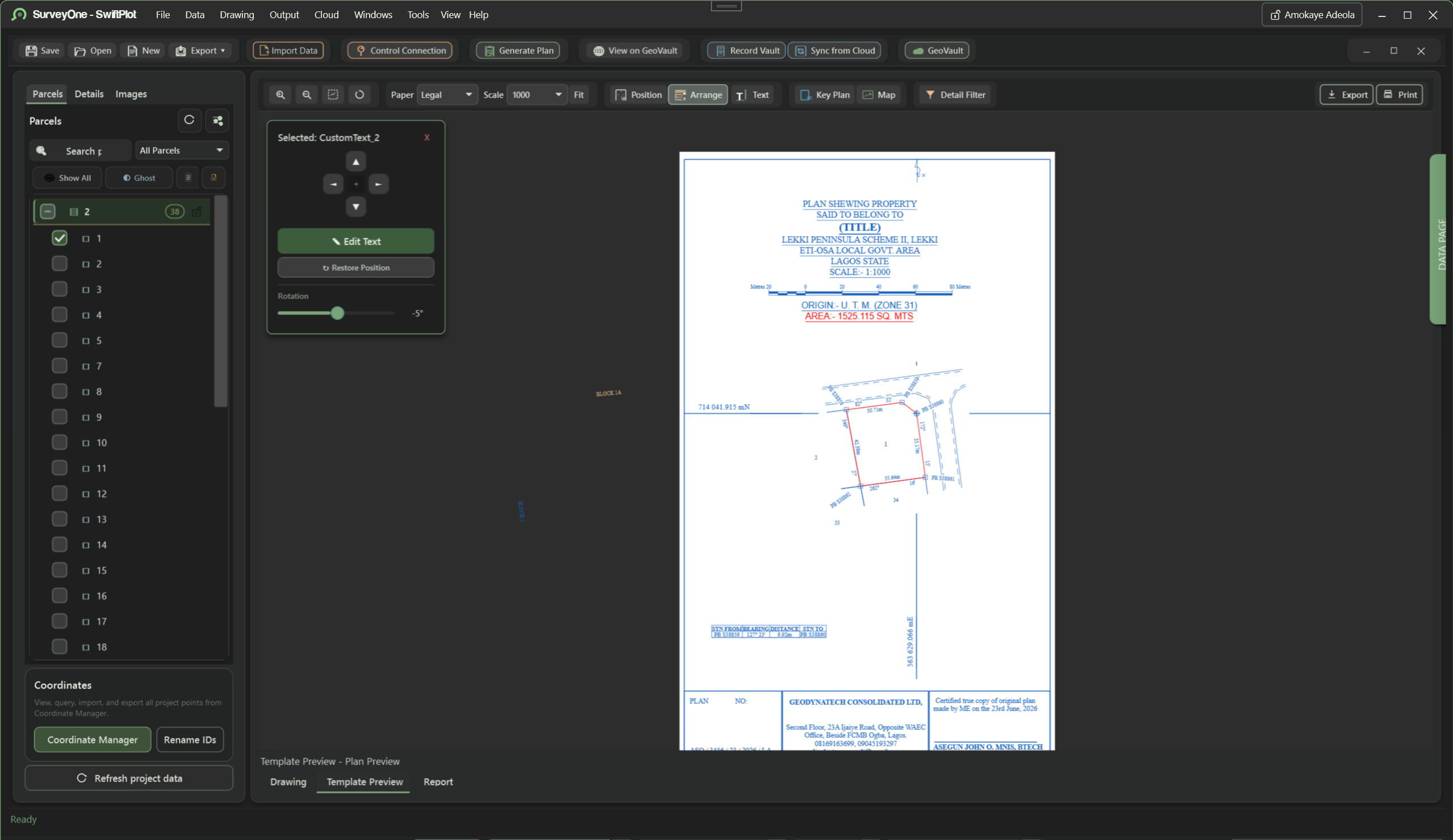 SwiftPlot template preview showing a survey plan arranged and ready for print