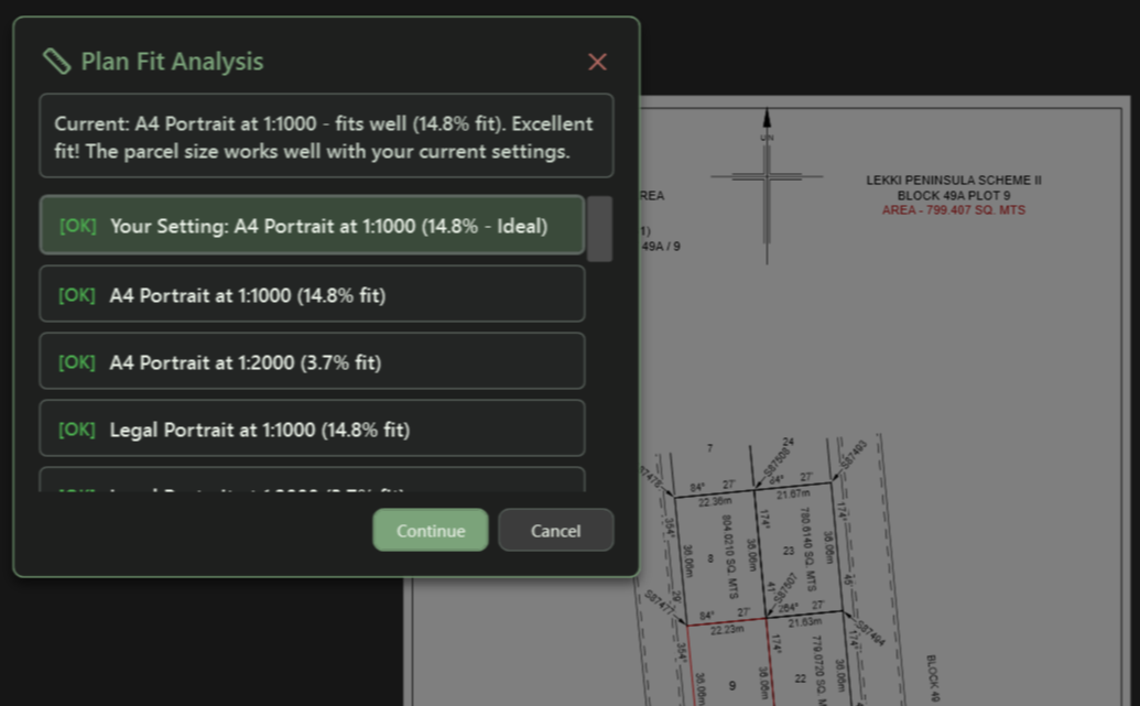 Plan Fit Analysis dialog rating paper sizes and scales, with A4 Portrait at 1:1000 marked as the ideal fit